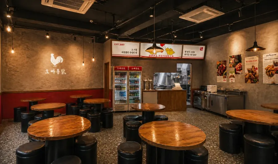 오빠통닭 매장 좌석과 벽면 사인